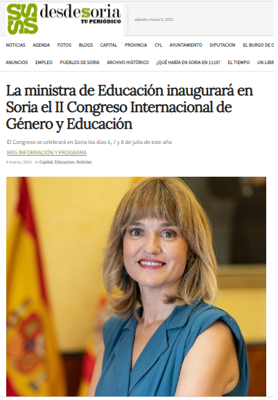 La ministra de Educación inaugurará en Soria el II Congreso Internacional de Género y Educación