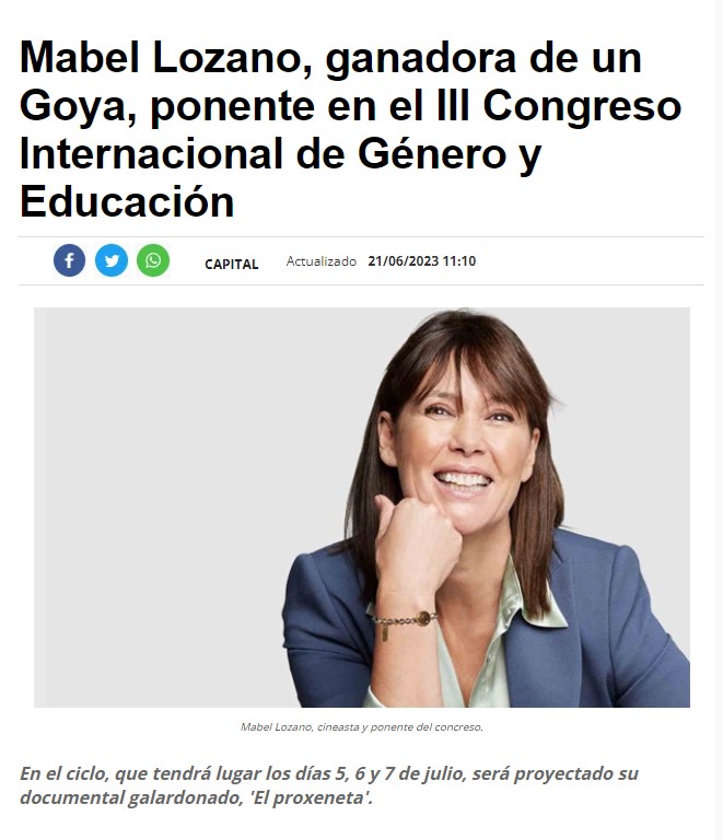 Mabel Lozano, ganadora de un Goya, ponente en el III Congreso Internacional de Género y Educación